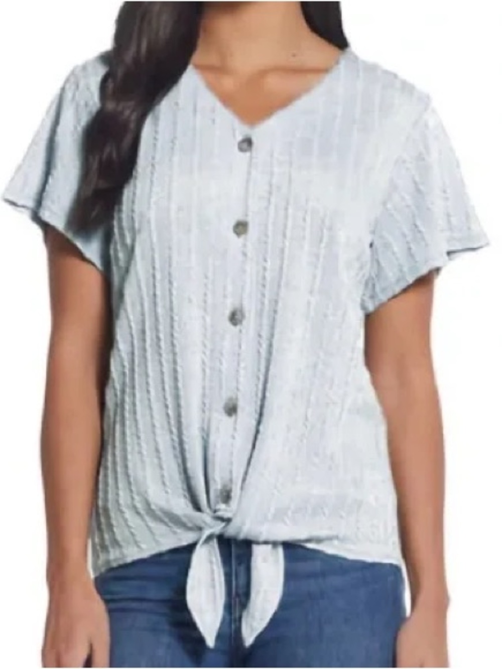 Weatherproof Light Blue Button-Front Tie Hem Short-Sleeve Top